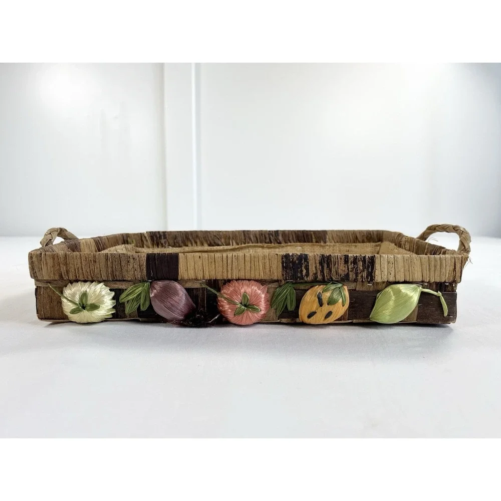 Vintage 70s Raffia Casserole Carrier Basket 3D Fruit Veggie Boho Pyrex Holder